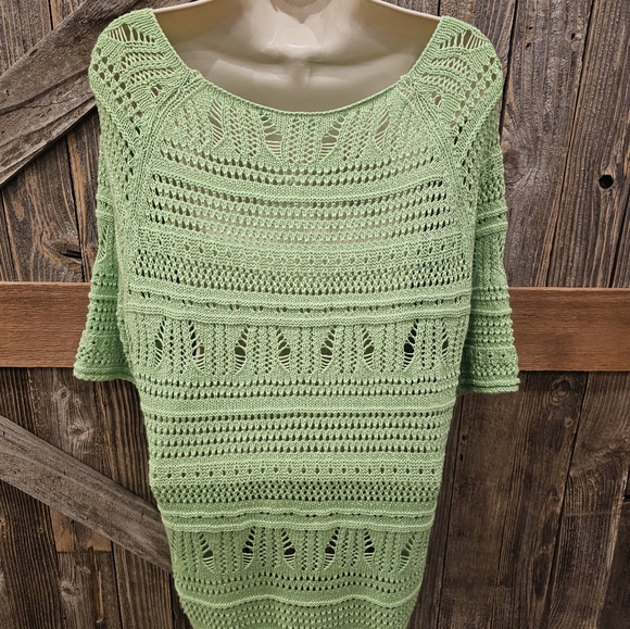 Cato Lime Green Open Knit Sweater Xl Short Sleeve See Through Cover Up EUC ^ - Picture 2 of 8